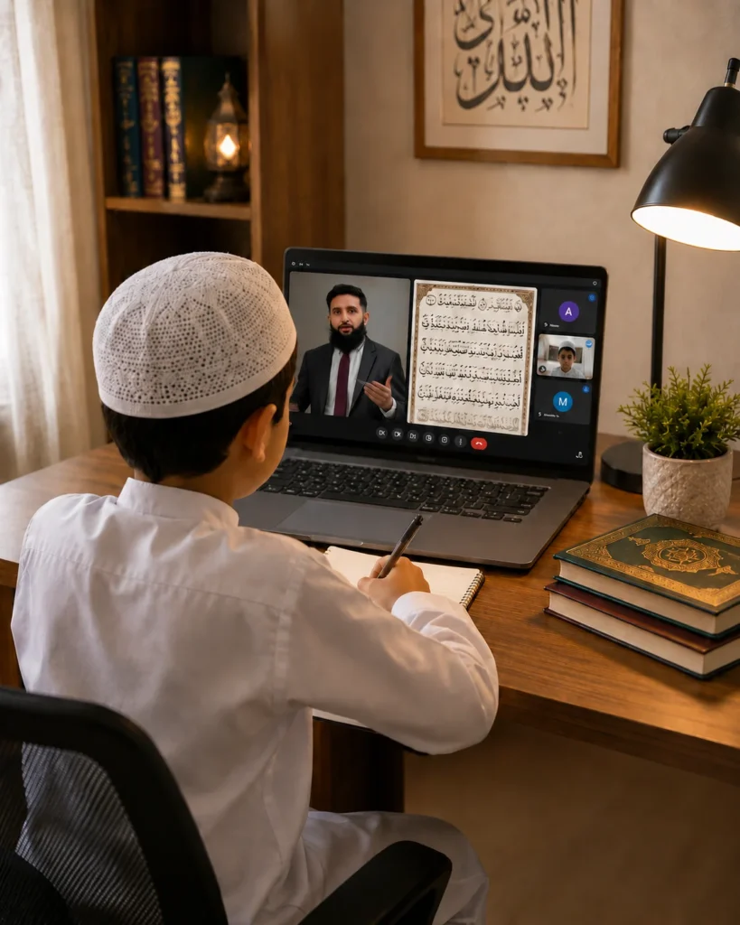 A young Muslim boy taking an interactive online Quran class on a laptop, writing notes while a live tutor teaches from a digital Quran.